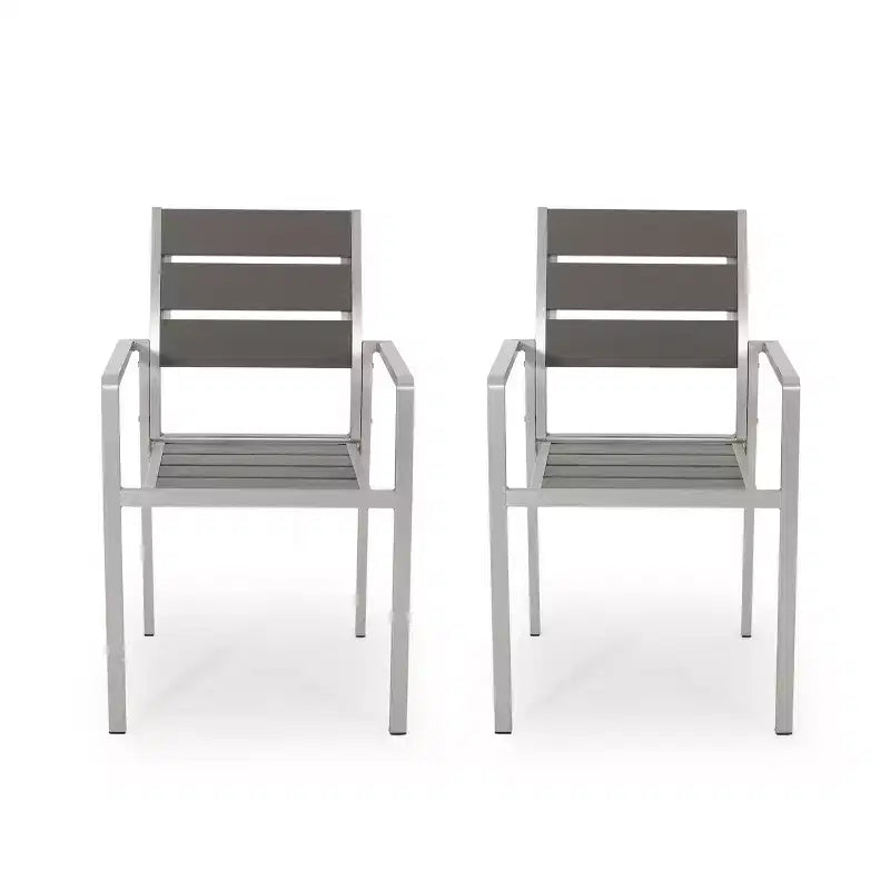 Chaises de salle à manger modernes d'extérieur en aluminium avec siège imitation bois (ensemble de 2), gris et argent