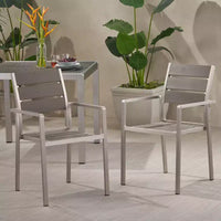 Chaises de salle à manger modernes d'extérieur en aluminium avec siège imitation bois (ensemble de 2), gris et argent