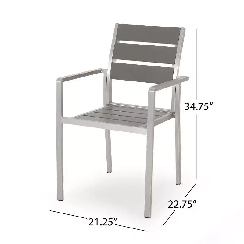 Chaises de salle à manger modernes d'extérieur en aluminium avec siège imitation bois (ensemble de 2), gris et argent
