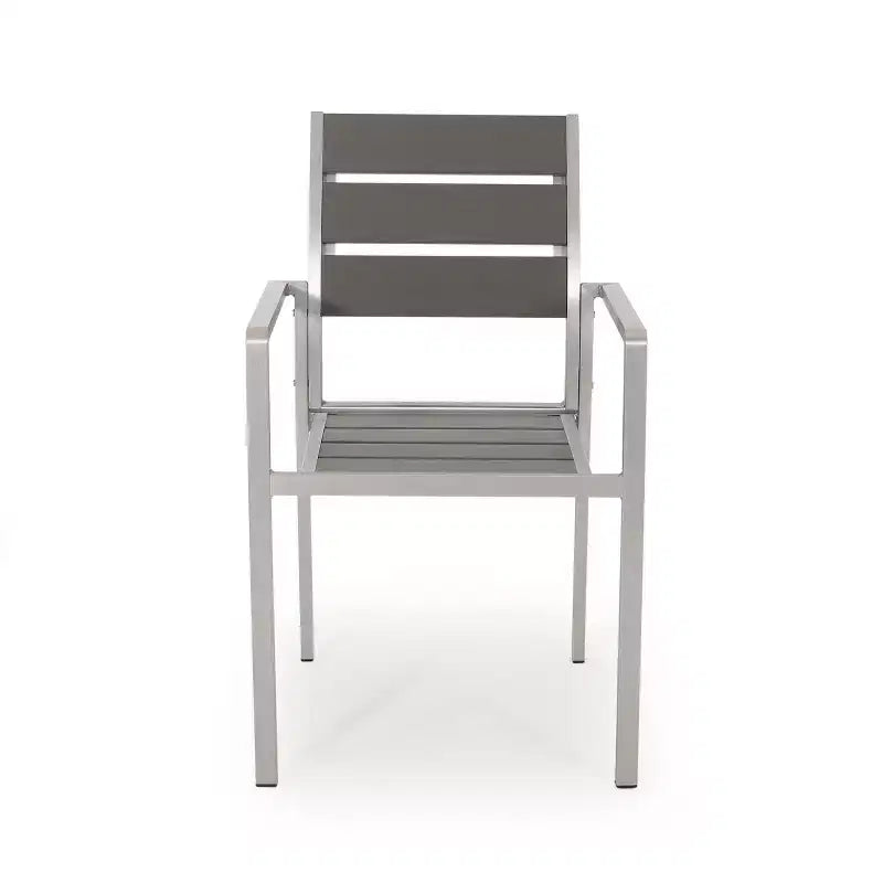 Chaises de salle à manger modernes d'extérieur en aluminium avec siège imitation bois (ensemble de 2), gris et argent