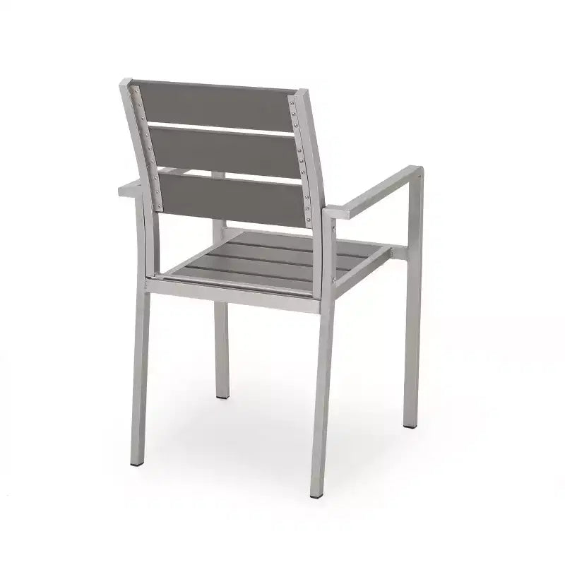 Chaises de salle à manger modernes d'extérieur en aluminium avec siège imitation bois (ensemble de 2), gris et argent