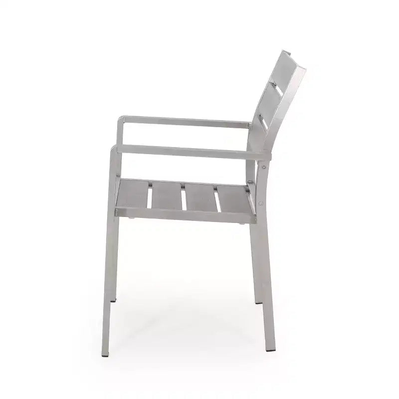 Chaises de salle à manger modernes d'extérieur en aluminium avec siège imitation bois (ensemble de 2), gris et argent