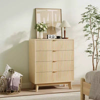 Commodes 4 tiroirs 2 pièces, Commodes de placard cannelées, Commodes de rangement en bois pour chambre à coucher, salon, couloir, Naturel