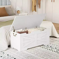 Banc de rangement polyvalent en bois avec couvercle à charnière de sécurité – Coffre de style ferme et organisateur de jouets pour entrée, salon, chambre à coucher