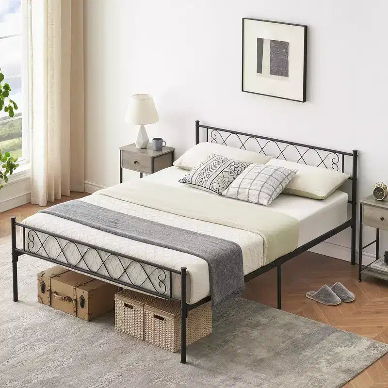 Cadre de lit en métal Queen Size, avec rangement sous le lit, aucun sommier tapissier requis, silencieux, montage facile, noir