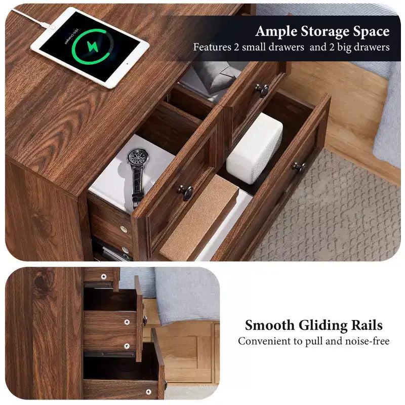 Table de chevet avec 4 tiroirs de rangement, 26 po de largeur, avec station de recharge, tables d'appoint en bois pour chambre, salon