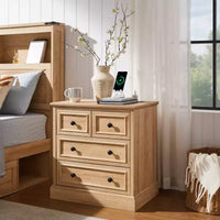 Table de chevet avec 4 tiroirs de rangement, 26 po de largeur, avec station de recharge, tables d'appoint en bois pour chambre, salon