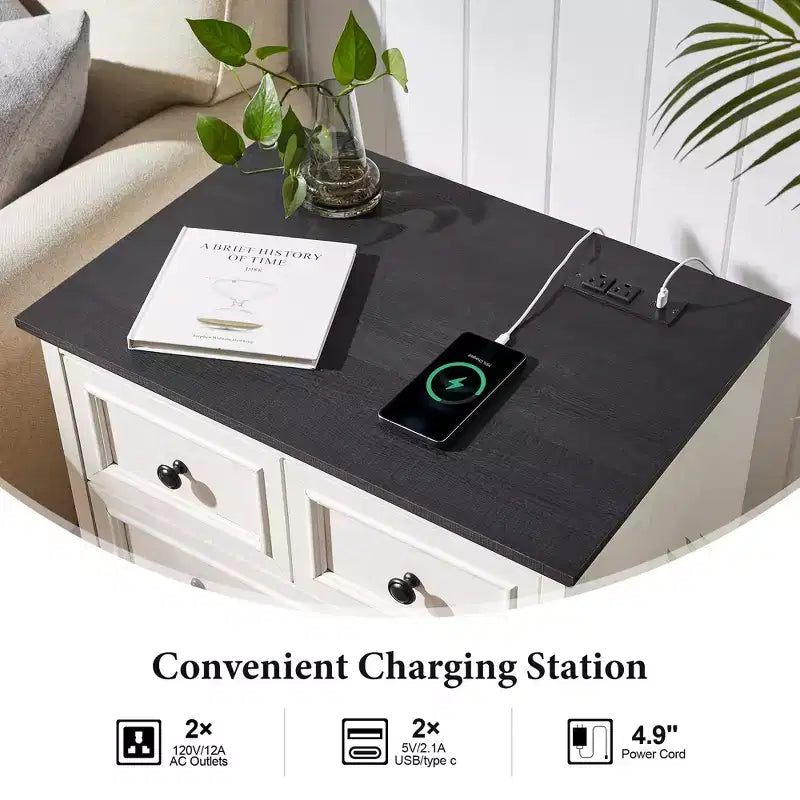 Table de chevet avec 4 tiroirs de rangement, 26 po de largeur, avec station de recharge, tables d'appoint en bois pour chambre, salon