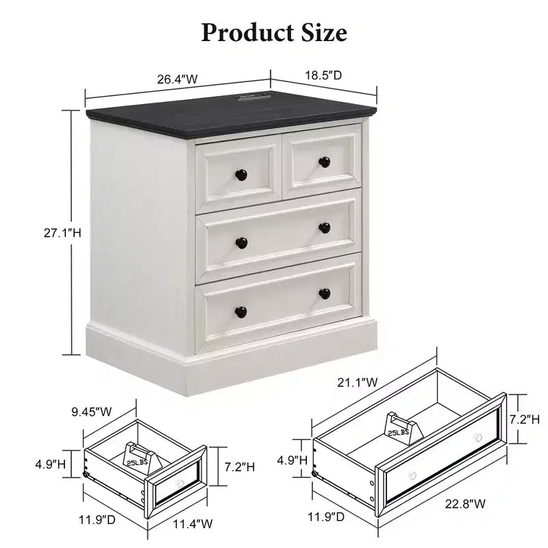 Table de chevet avec 4 tiroirs de rangement, 26 po de largeur, avec station de recharge, tables d'appoint en bois pour chambre, salon