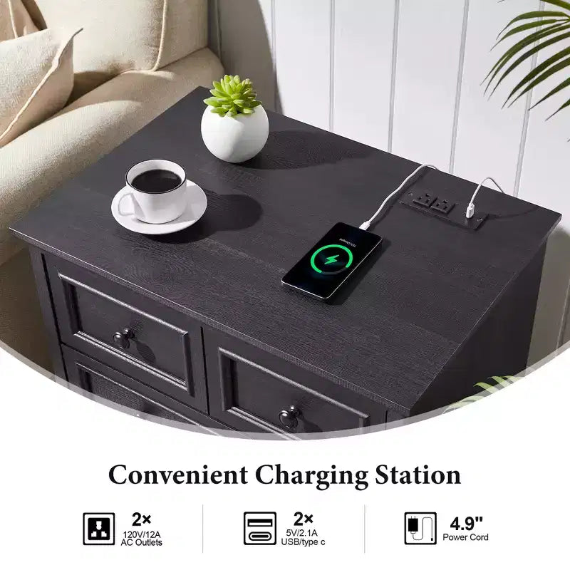 Table de chevet avec 4 tiroirs de rangement, 26 po de largeur, avec station de recharge, tables d'appoint en bois pour chambre, salon