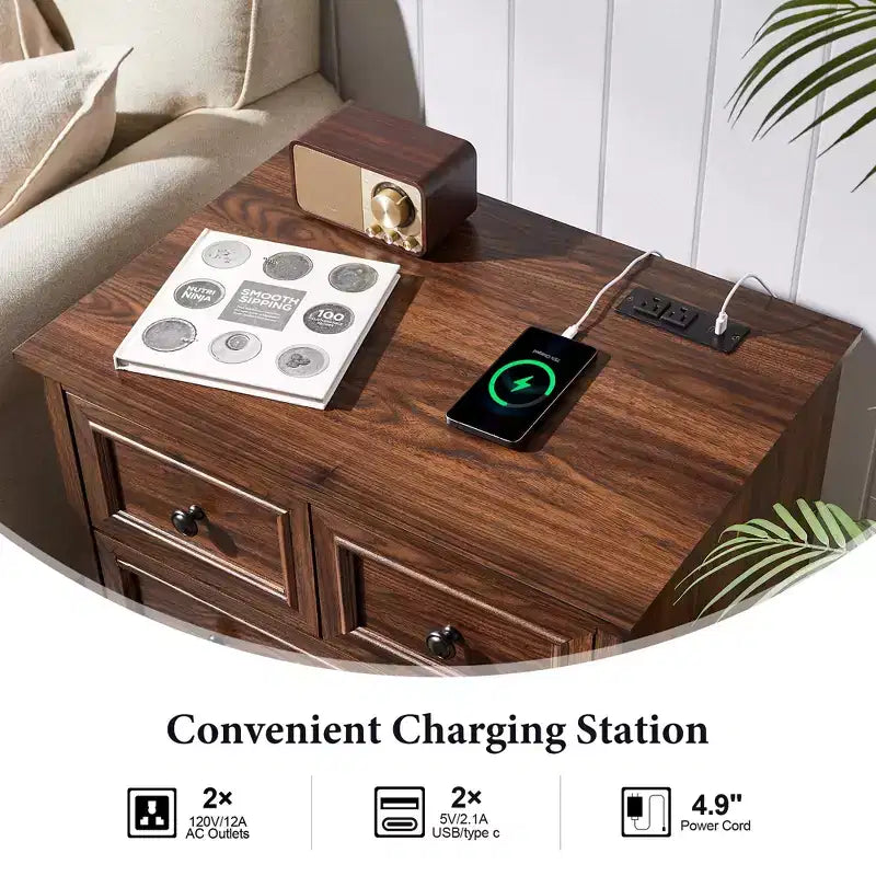 Table de chevet avec 4 tiroirs de rangement, 26 po de largeur, avec station de recharge, tables d'appoint en bois pour chambre, salon