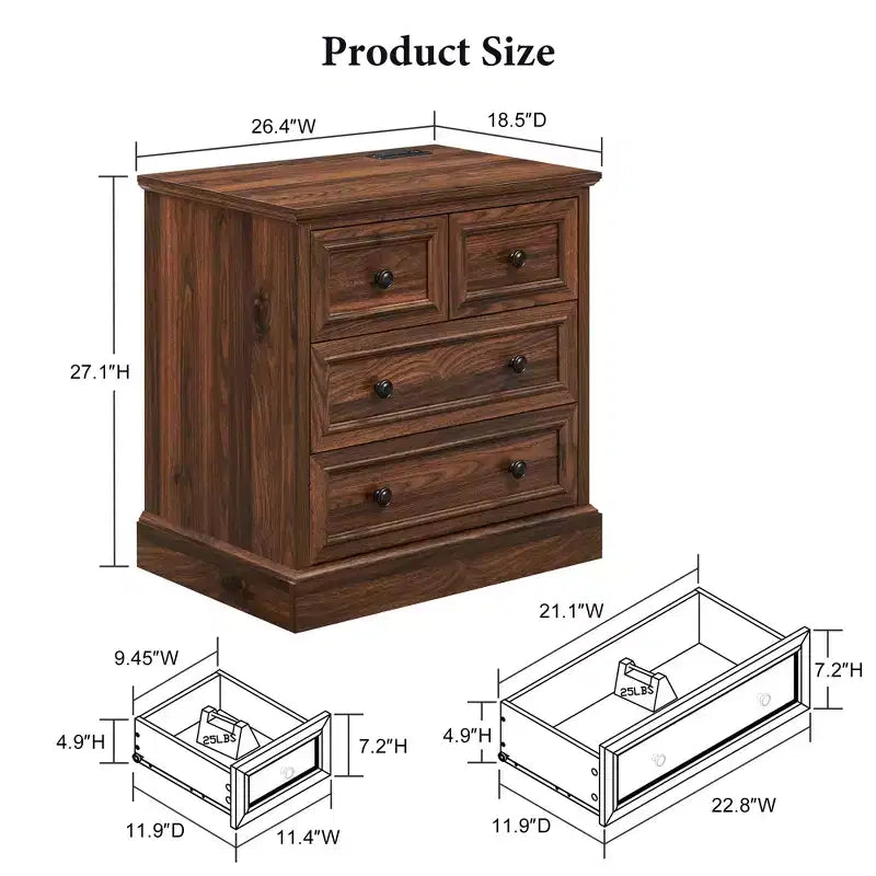 Table de chevet avec 4 tiroirs de rangement, 26 po de largeur, avec station de recharge, tables d'appoint en bois pour chambre, salon