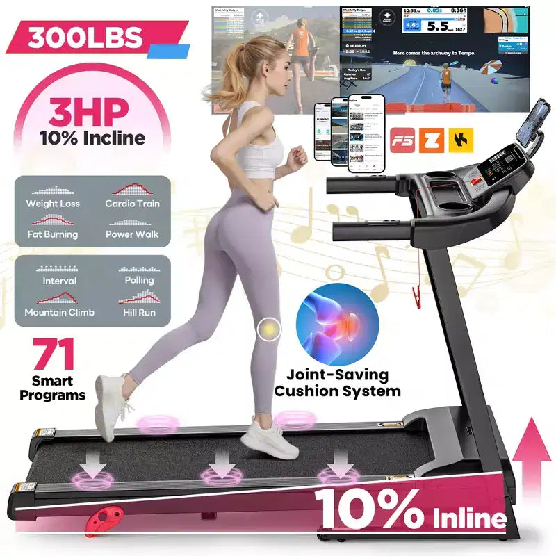 Tapis de course pliant 3.5HP pour la maison avec inclinaison & 71 entraînements, capacité 300 lbs, application avec cours d'entraînement gratuits, doubles haut-parleurs HiFi, équipement de fitness