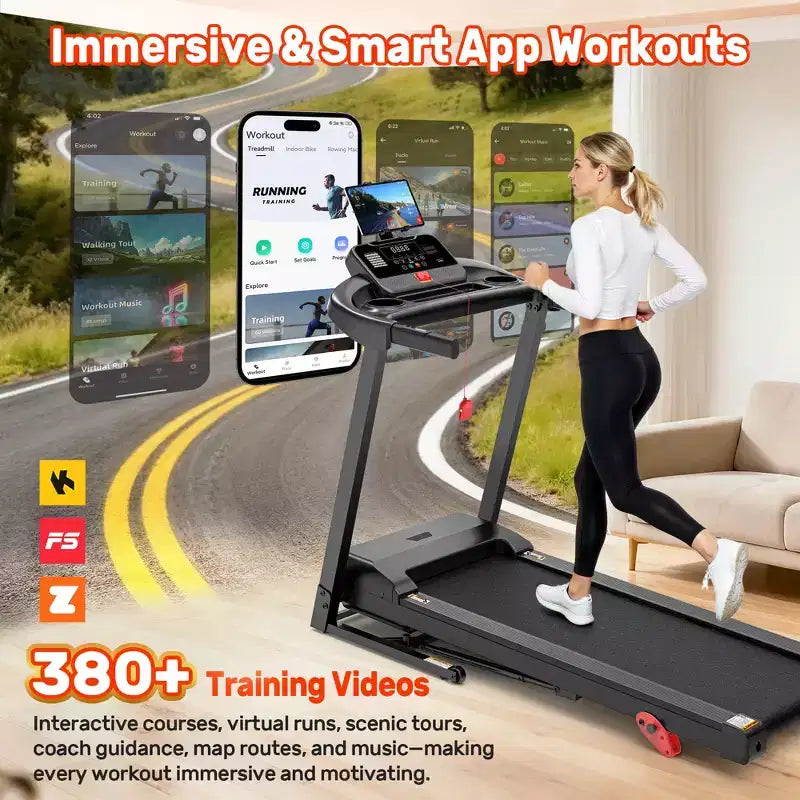 Tapis de course pliant 3.5HP pour la maison avec inclinaison & 71 entraînements, capacité 300 lbs, application avec cours d'entraînement gratuits, doubles haut-parleurs HiFi, équipement de fitness