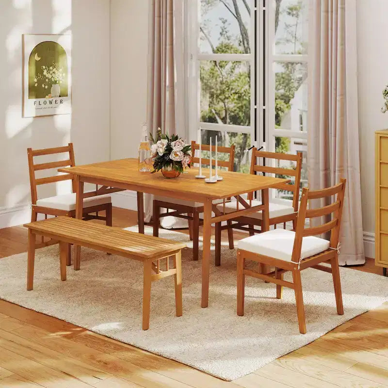 Costway Table à manger en bois d'acacia de 63 po pour 6 personnes, table en bois robuste pour l'intérieur et l'extérieur