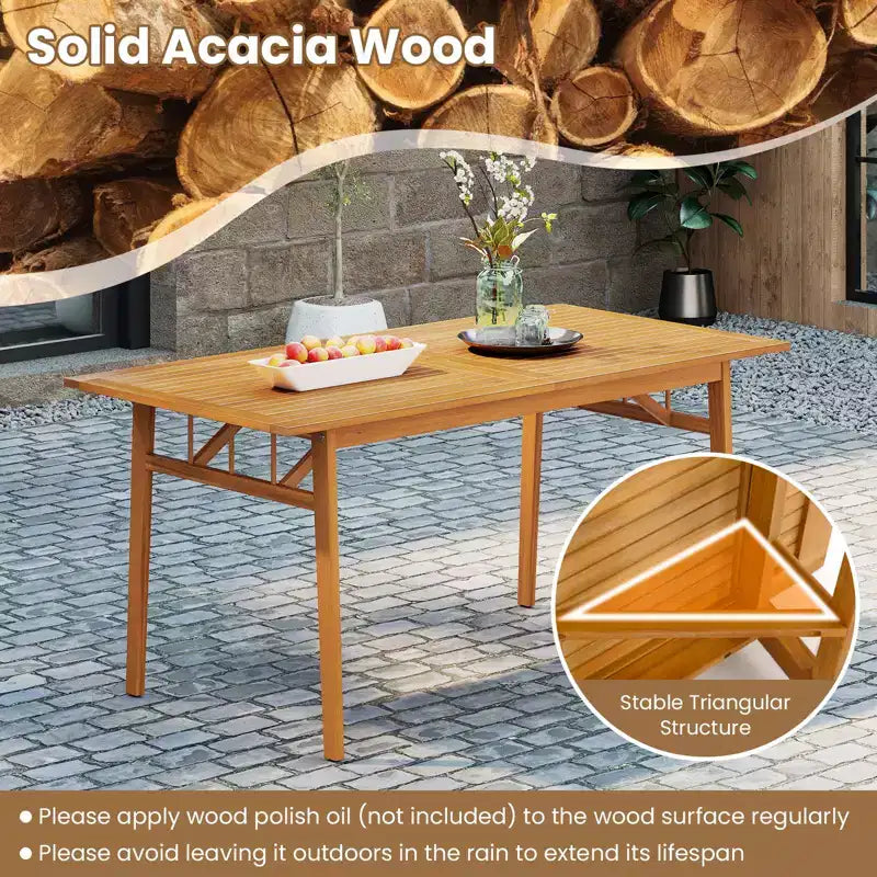 Costway Table à manger en bois d'acacia de 63 po pour 6 personnes, table en bois robuste pour l'intérieur et l'extérieur