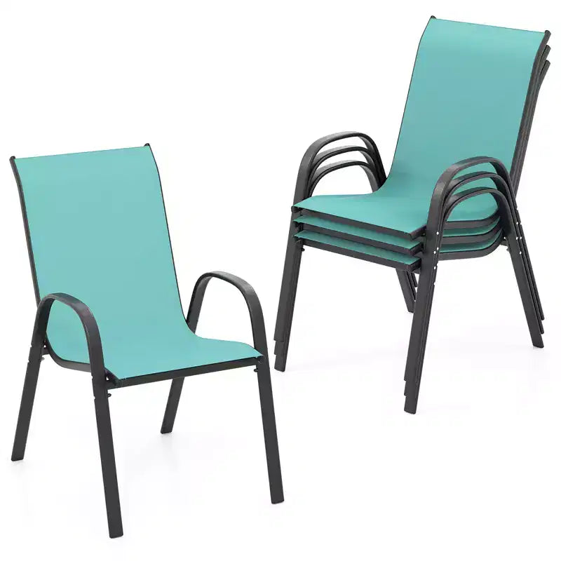 Costway Lot de 4 chaises de jardin empilables, tissu respirant et à sechage rapide resistant à toutes les intemperies, chaises de salle à manger d'extérieur avec accoudoirs, bleu turquoise