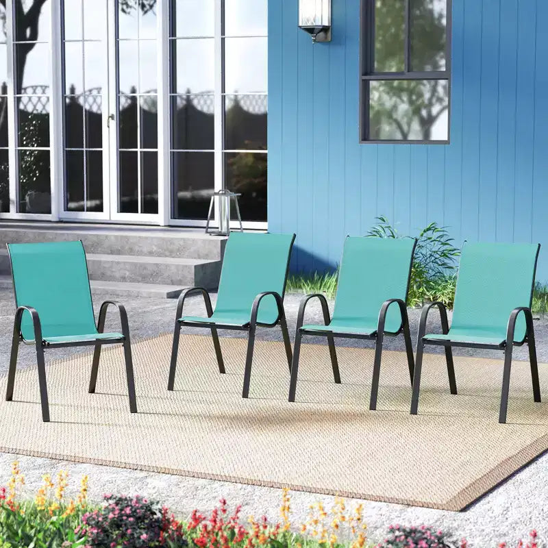 Costway Lot de 4 chaises de jardin empilables, tissu respirant et à sechage rapide resistant à toutes les intemperies, chaises de salle à manger d'extérieur avec accoudoirs, bleu turquoise