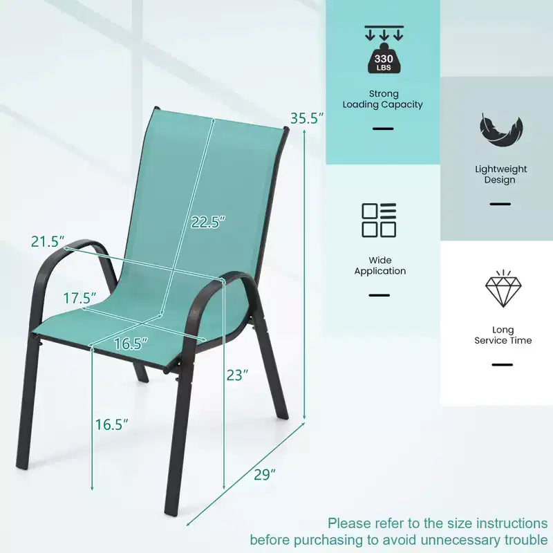 Costway Lot de 4 chaises de jardin empilables, tissu respirant et à sechage rapide resistant à toutes les intemperies, chaises de salle à manger d'extérieur avec accoudoirs, bleu turquoise