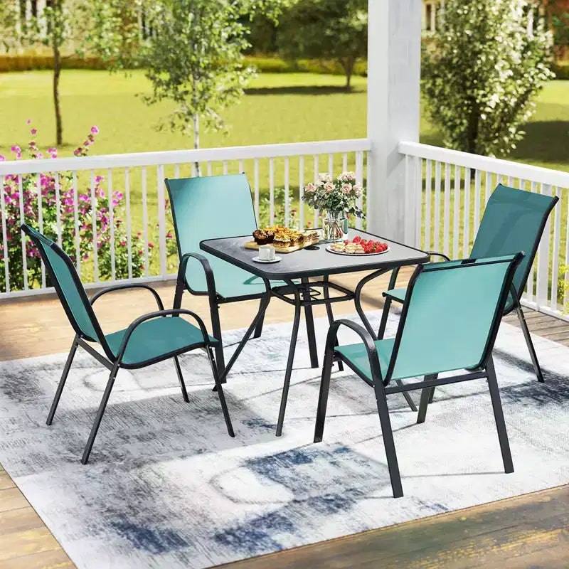 Costway Lot de 4 chaises de jardin empilables, tissu respirant et à sechage rapide resistant à toutes les intemperies, chaises de salle à manger d'extérieur avec accoudoirs, bleu turquoise