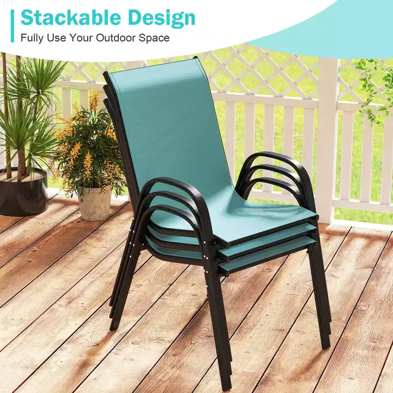 Costway Lot de 4 chaises de jardin empilables, tissu respirant et à sechage rapide resistant à toutes les intemperies, chaises de salle à manger d'extérieur avec accoudoirs, bleu turquoise