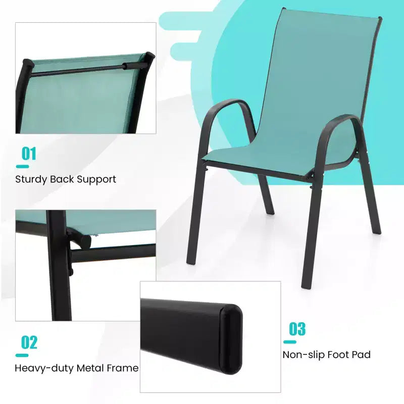 Costway Lot de 4 chaises de jardin empilables, tissu respirant et à sechage rapide resistant à toutes les intemperies, chaises de salle à manger d'extérieur avec accoudoirs, bleu turquoise