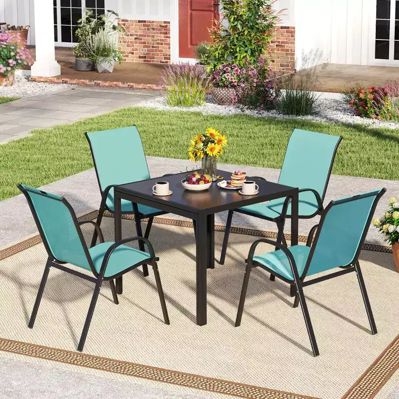 Costway Lot de 4 chaises de jardin empilables, tissu respirant et à sechage rapide resistant à toutes les intemperies, chaises de salle à manger d'extérieur avec accoudoirs, bleu turquoise