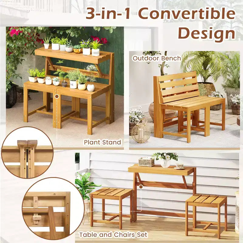 Banc de jardin Costway 3-en-1 en bois d'acacia avec assise à lattes