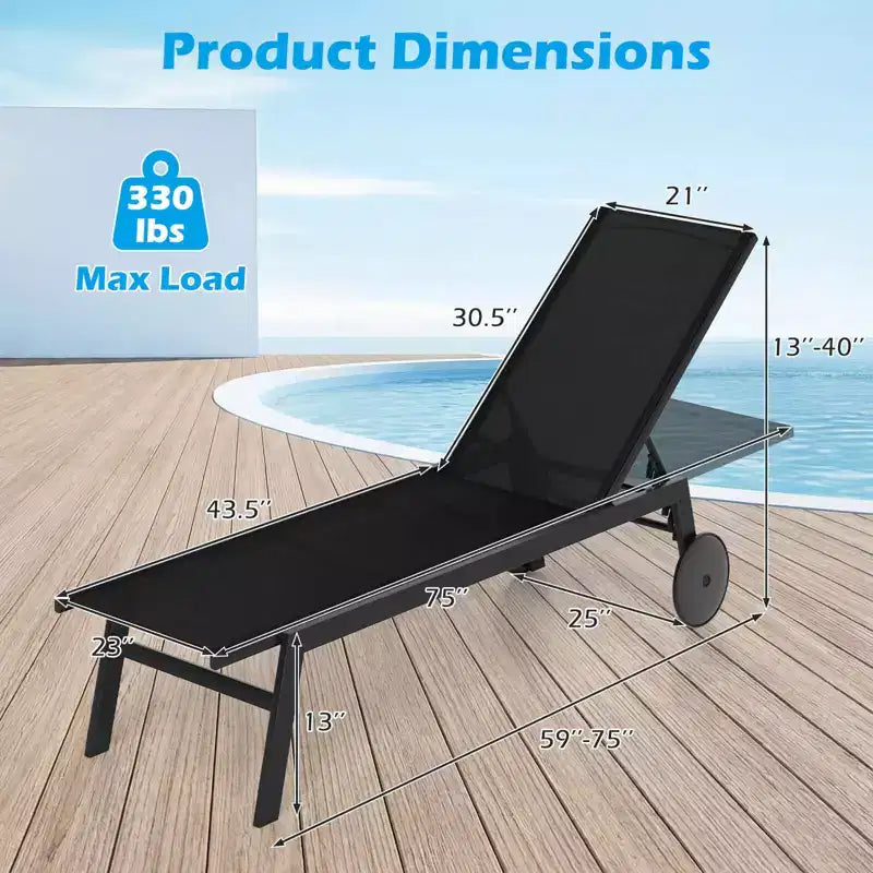 Costway Chaise longue de patio lot de 1/2 avec roues, dossier réglable 6 positions, assise respirante, noir/brun/gris