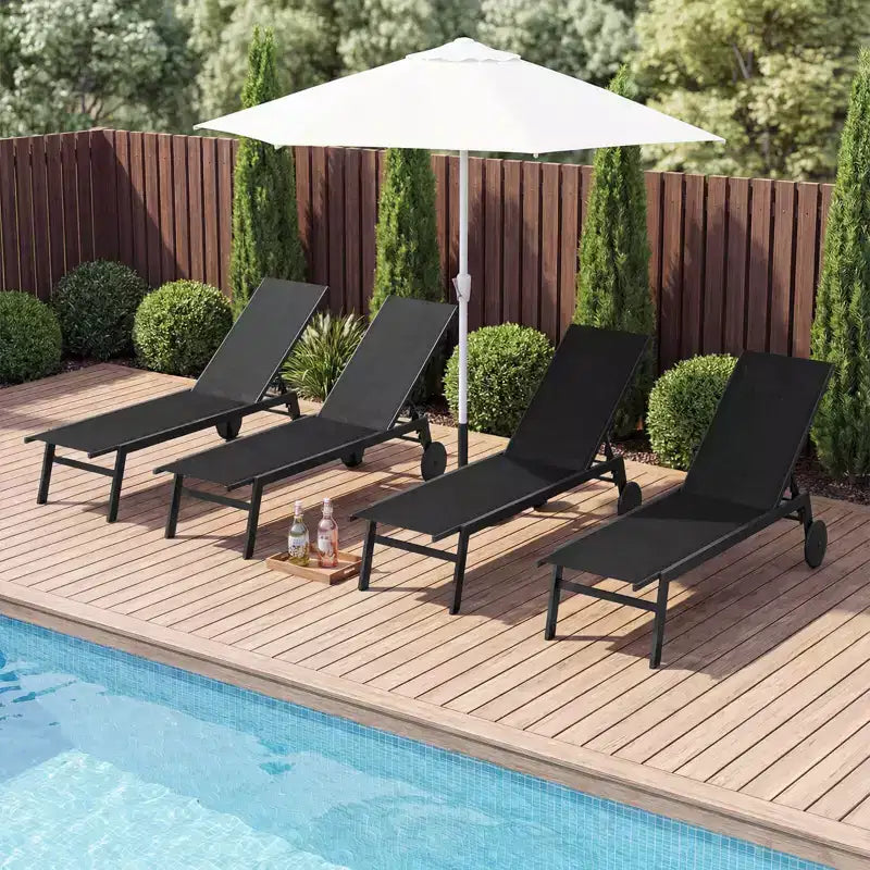 Costway Chaise longue de patio lot de 1/2 avec roues, dossier réglable 6 positions, assise respirante, noir/brun/gris