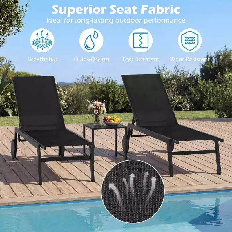 Costway Chaise longue de patio lot de 1/2 avec roues, dossier réglable 6 positions, assise respirante, noir/brun/gris