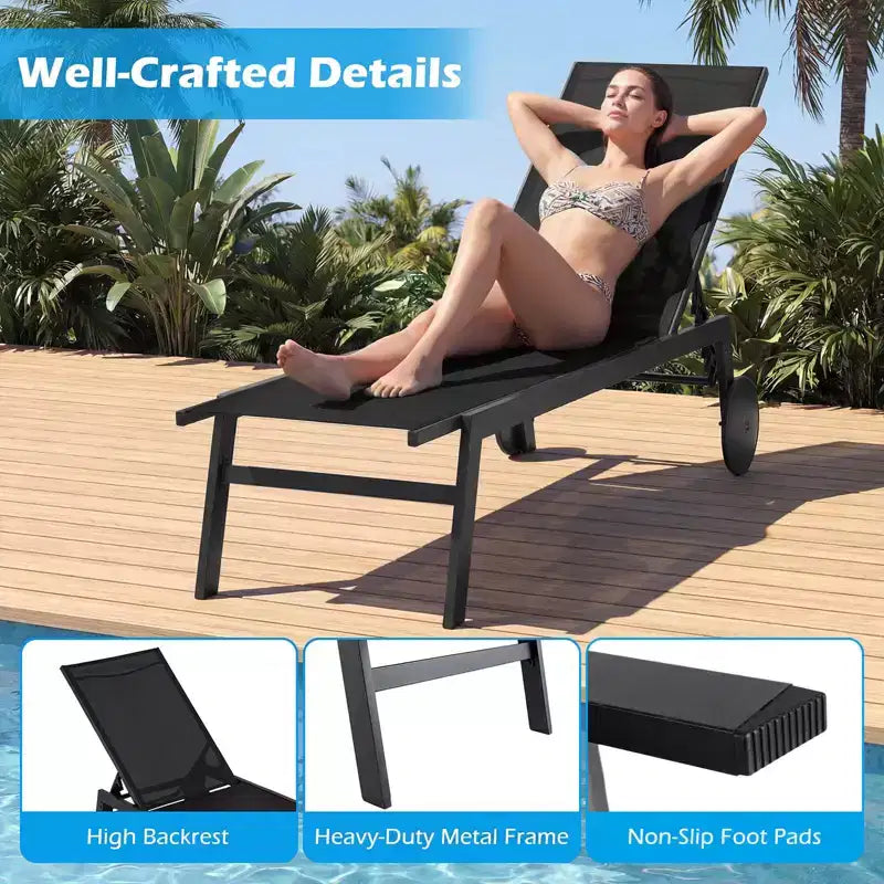Costway Chaise longue de patio lot de 1/2 avec roues, dossier réglable 6 positions, assise respirante, noir/brun/gris