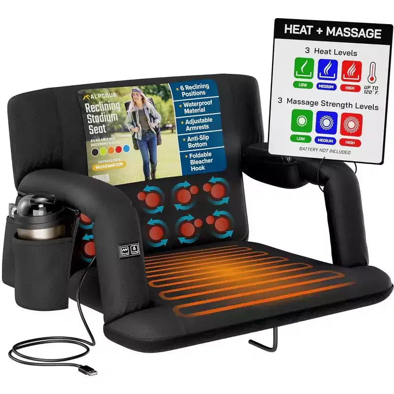 Alpcour Max-Relax Siège de stade chauffant massant extra-large 25in avec accoudoirs, noir