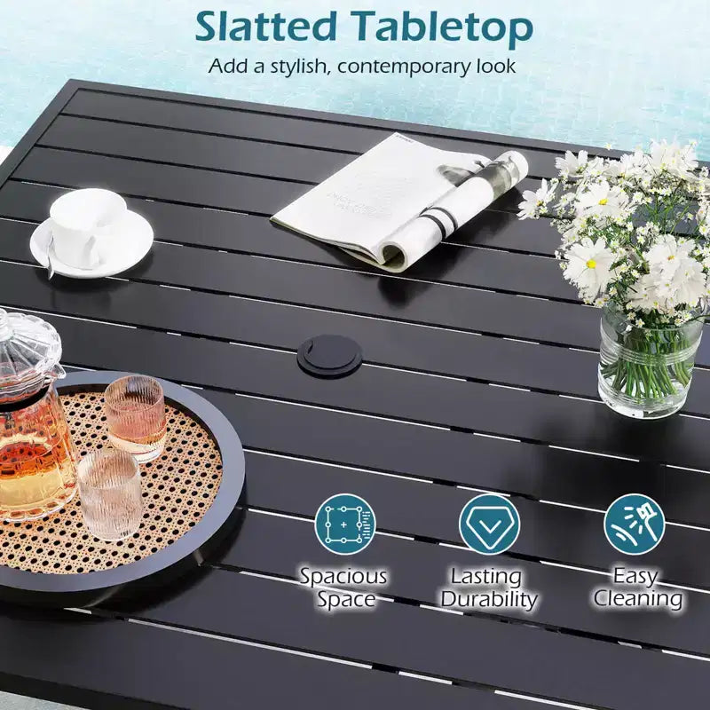 Costway Table de Patio 76 x 36/37 x 37 pour 8/4 Personnes, Table à Manger d'Extérieur en Métal avec Trou de Parasol pour Porche