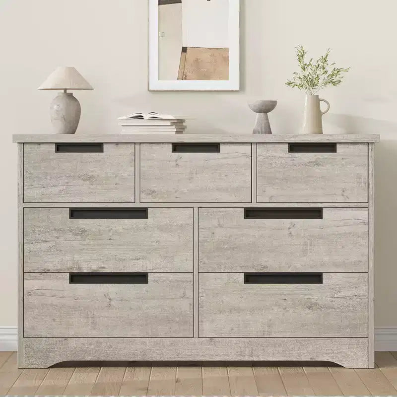 Commode COZONY 46.8'' de large 7 tiroirs, coffre de rangement en chêne naturel avec poignées encastrées