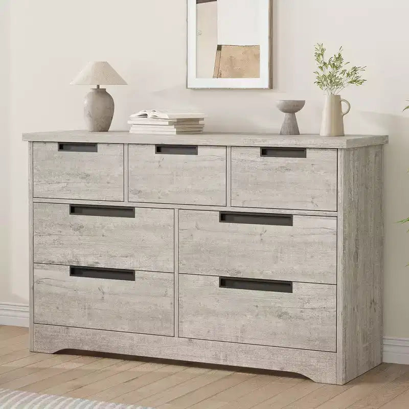 Commode COZONY 46.8'' de large 7 tiroirs, coffre de rangement en chêne naturel avec poignées encastrées