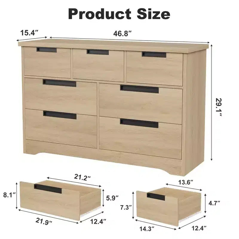 Commode COZONY 46.8'' de large 7 tiroirs, coffre de rangement en chêne naturel avec poignées encastrées