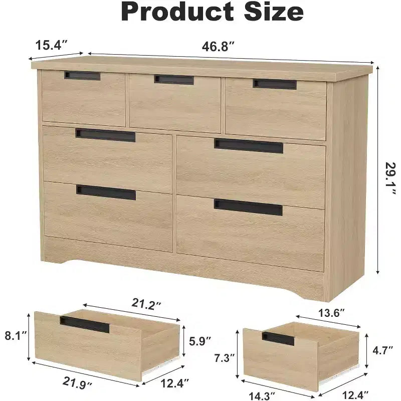 Commode COZONY 46.8'' de large 7 tiroirs, coffre de rangement en chêne naturel avec poignées encastrées