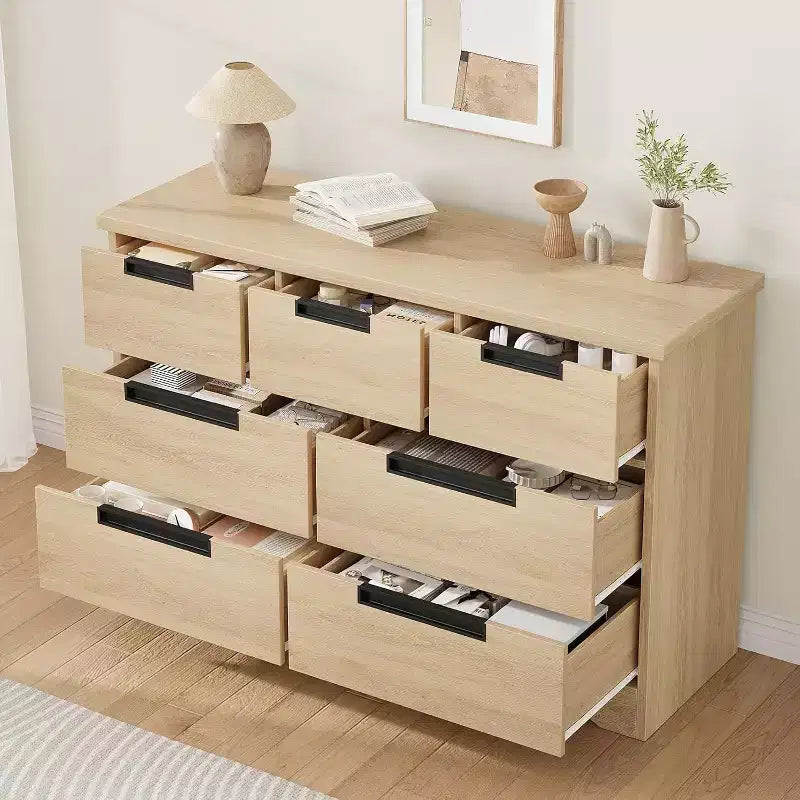 Commode COZONY 46.8'' de large 7 tiroirs, coffre de rangement en chêne naturel avec poignées encastrées
