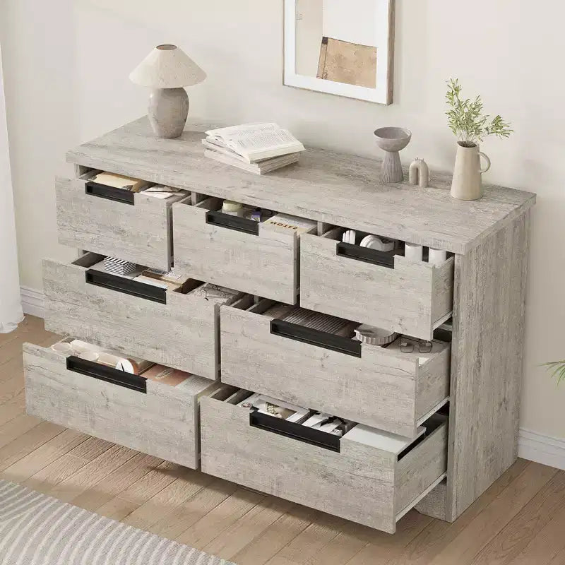 Commode COZONY 46.8'' de large 7 tiroirs, coffre de rangement en chêne naturel avec poignées encastrées