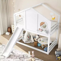 Lit superposé cabane jumeau sur jumeau avec toboggan et étagères de rangement, cadre de lit superposé en bois avec fenêtre pour enfants