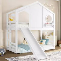 Lit superposé cabane jumeau sur jumeau avec toboggan et étagères de rangement, cadre de lit superposé en bois avec fenêtre pour enfants