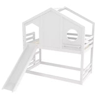 Lit superposé cabane jumeau sur jumeau avec toboggan et étagères de rangement, cadre de lit superposé en bois avec fenêtre pour enfants