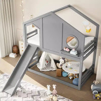 Lit superposé cabane jumeau sur jumeau avec toboggan et étagères de rangement, cadre de lit superposé en bois avec fenêtre pour enfants