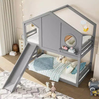 Twin over Twin House Bunk Bed with Slide and Storage Shelves, Wood Bunk Bed Frame with Window for Kids