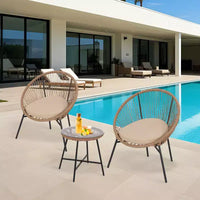 Ensemble de bistro 3 pièces en rotin pour l'extérieur, ensemble de conversation Acapulco toutes saisons avec coussins et table en verre trempé, meubles de patio pour porche, balcon