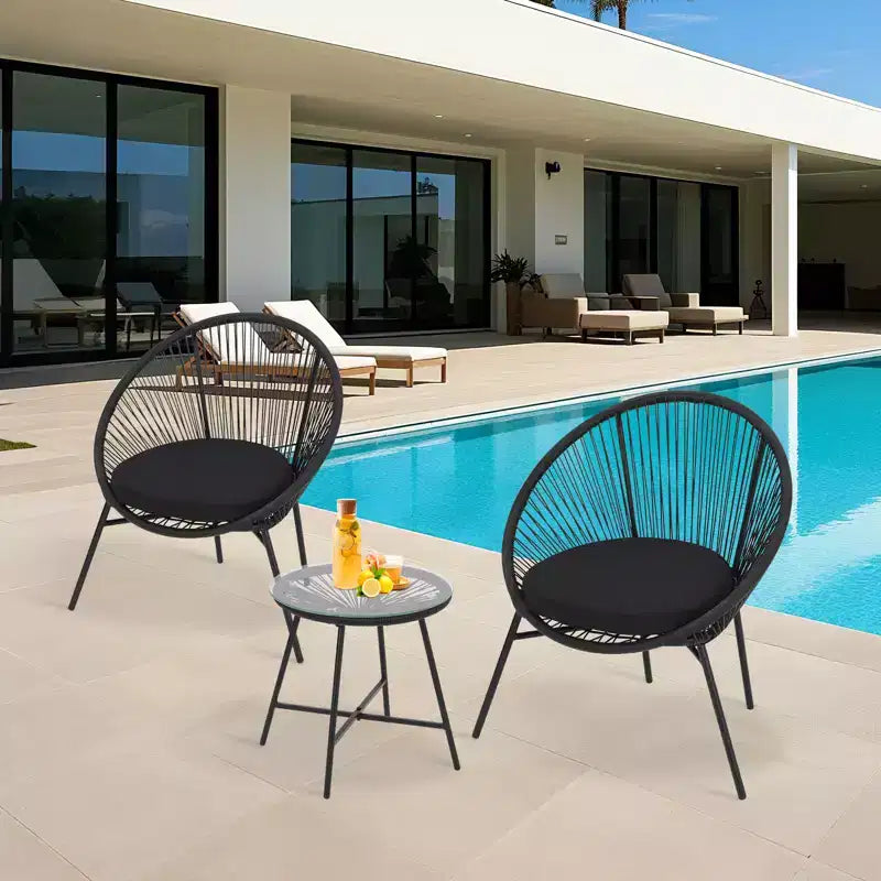 Ensemble de bistro 3 pièces en rotin pour l'extérieur, ensemble de conversation Acapulco toutes saisons avec coussins et table en verre trempé, meubles de patio pour porche, balcon