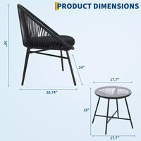 Ensemble de bistro 3 pièces en rotin pour l'extérieur, ensemble de conversation Acapulco toutes saisons avec coussins et table en verre trempé, meubles de patio pour porche, balcon