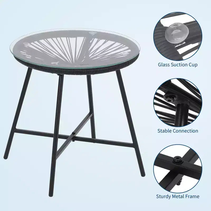 Ensemble de bistro 3 pièces en rotin pour l'extérieur, ensemble de conversation Acapulco toutes saisons avec coussins et table en verre trempé, meubles de patio pour porche, balcon