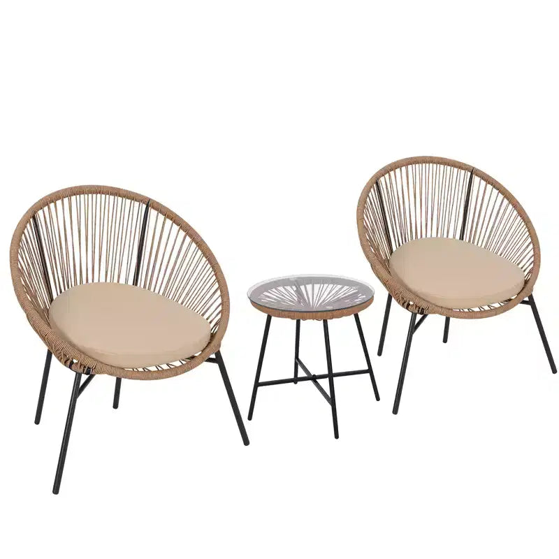 Ensemble de bistro 3 pièces en rotin pour l'extérieur, ensemble de conversation Acapulco toutes saisons avec coussins et table en verre trempé, meubles de patio pour porche, balcon